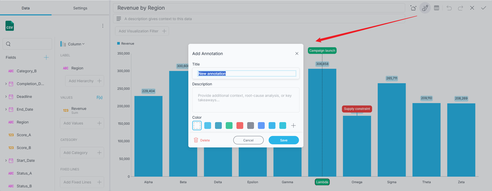The Annotate button in the Visualization Editor toolbar