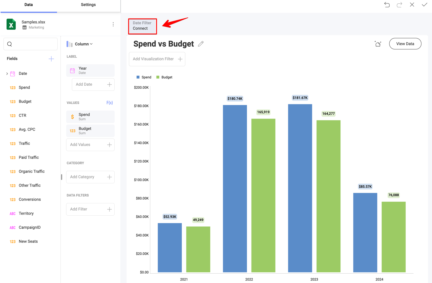 Connecting to a dashboard filter in the visualization editor