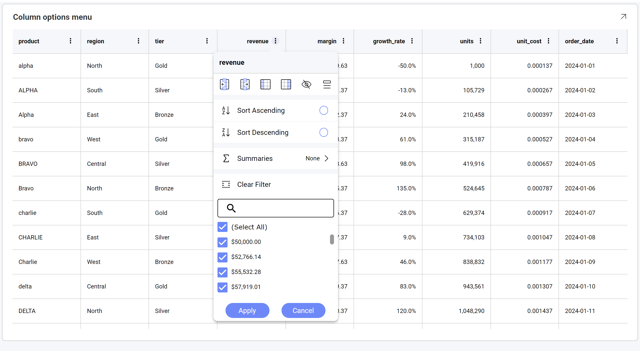 The column options menu, showing the icon row, sorting, summaries and the filter list