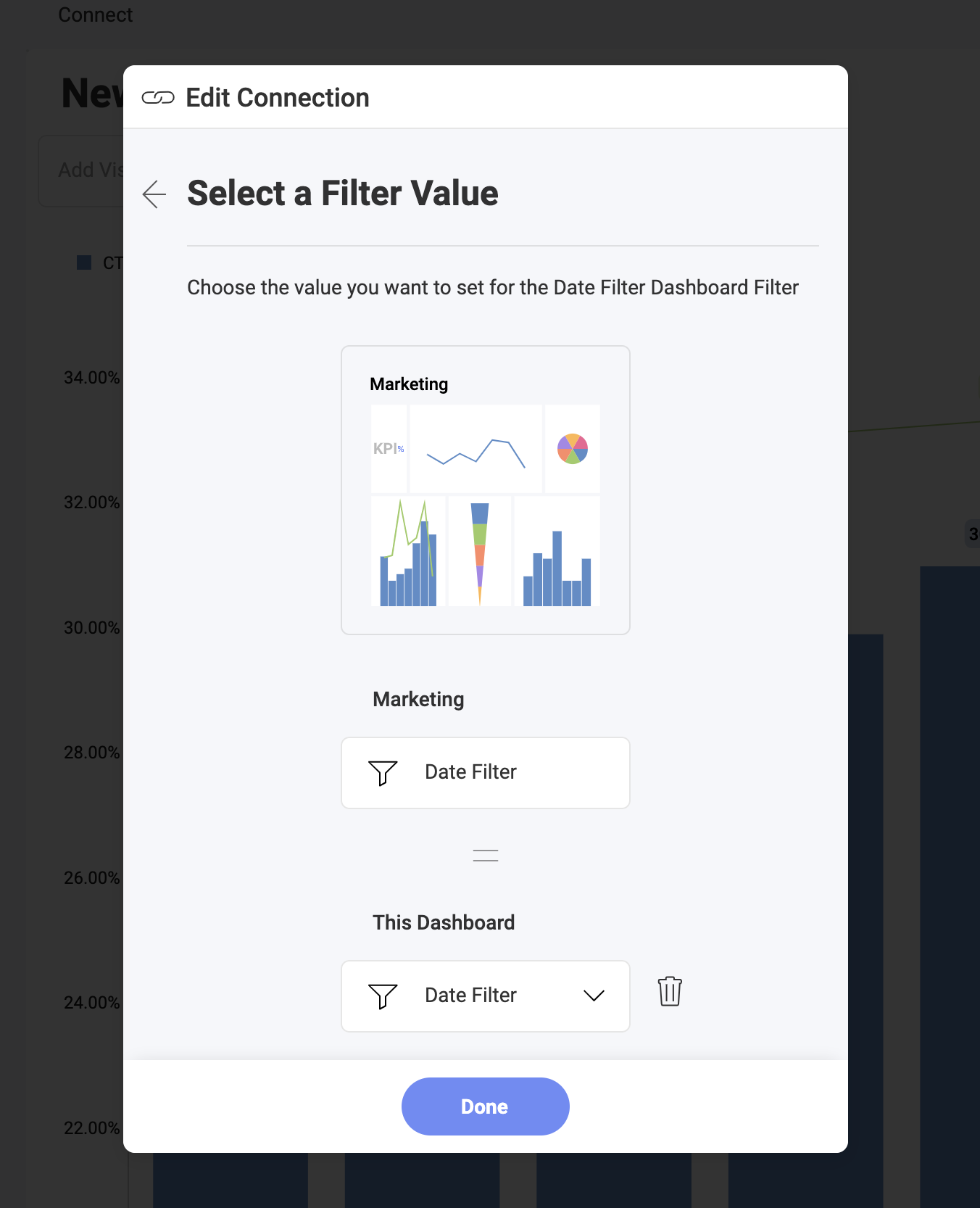 Edit connection dialog where a filter&#39;s value can be selected