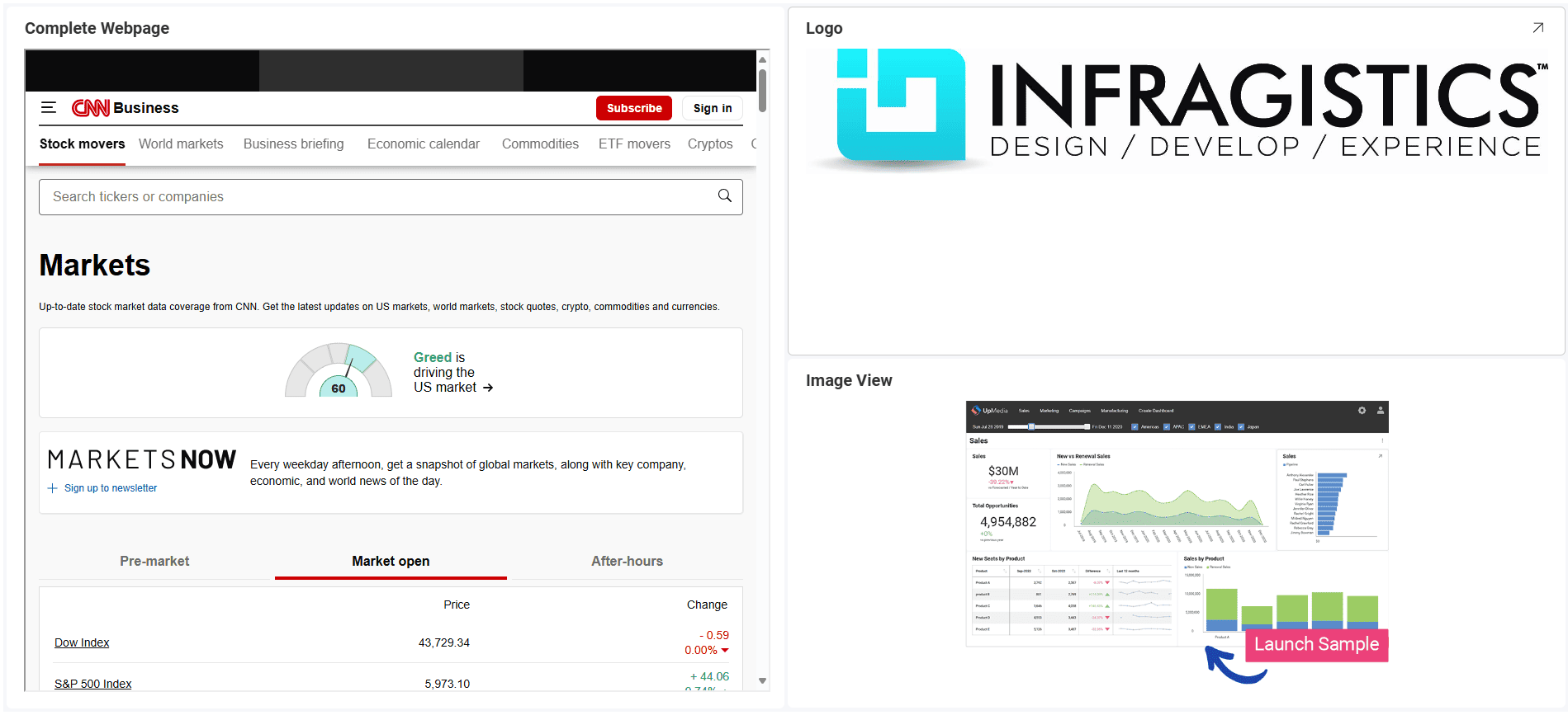 A sample showing different image chart visualizations in one dashboard