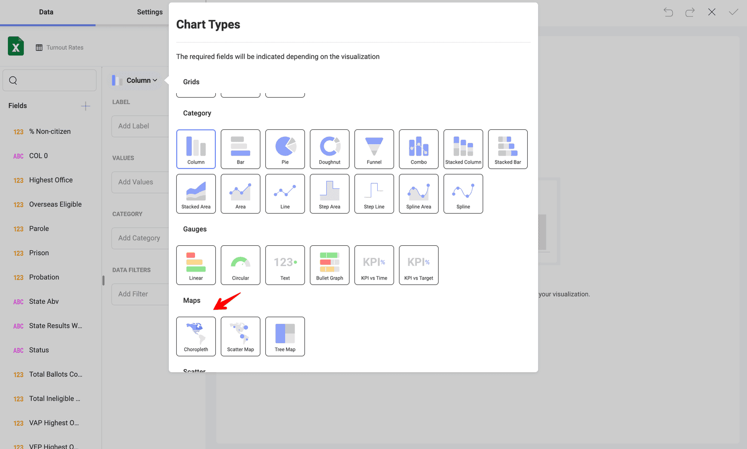 Select choropleth map visualization from the list of chart types