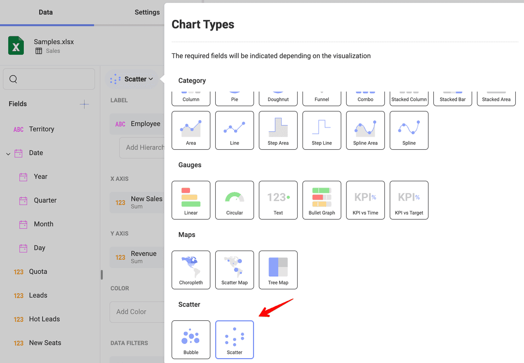 Location of the scatter visualization in the change visualization menu