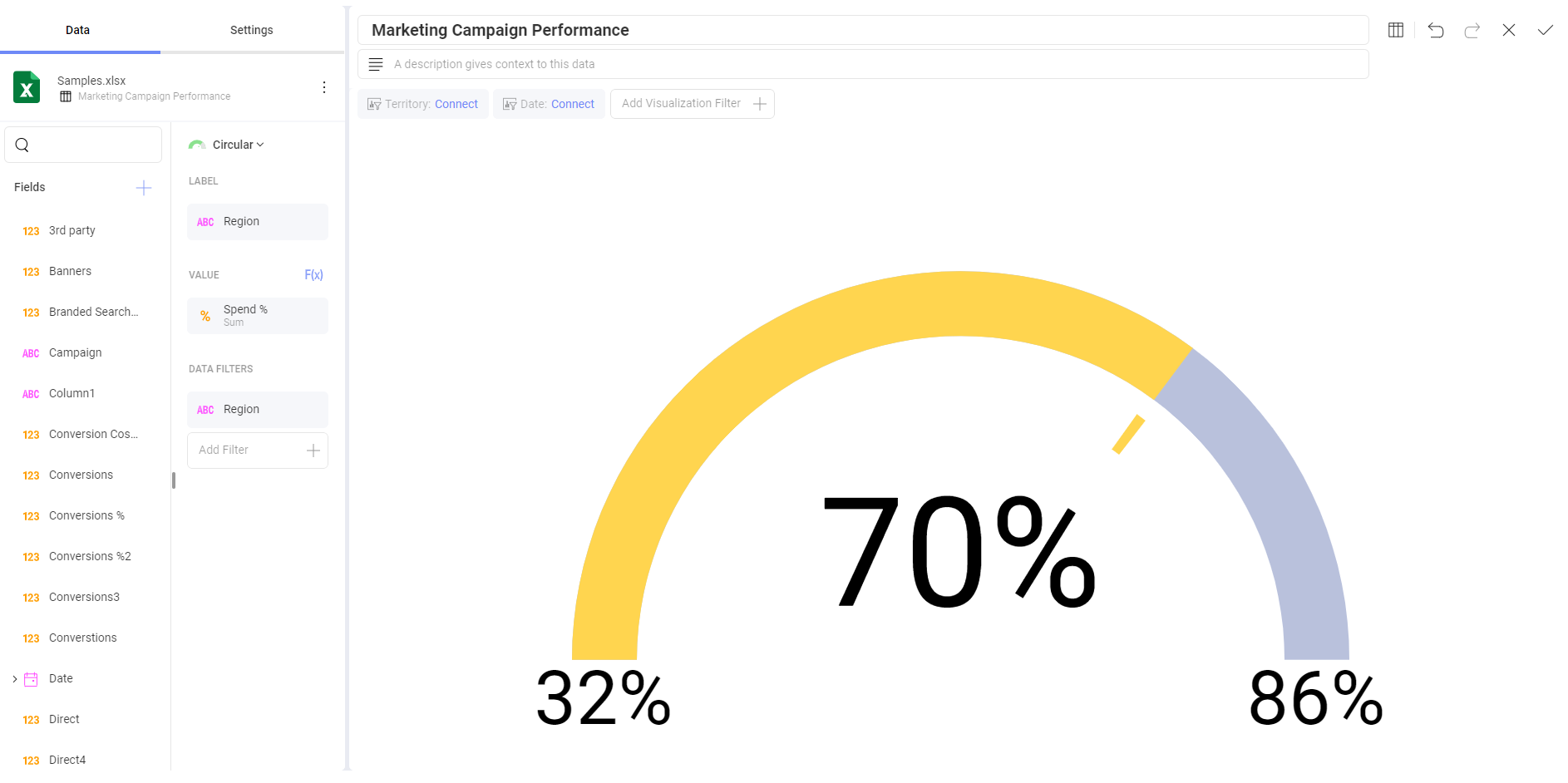 Circular gauge chart example in the Visualization editor