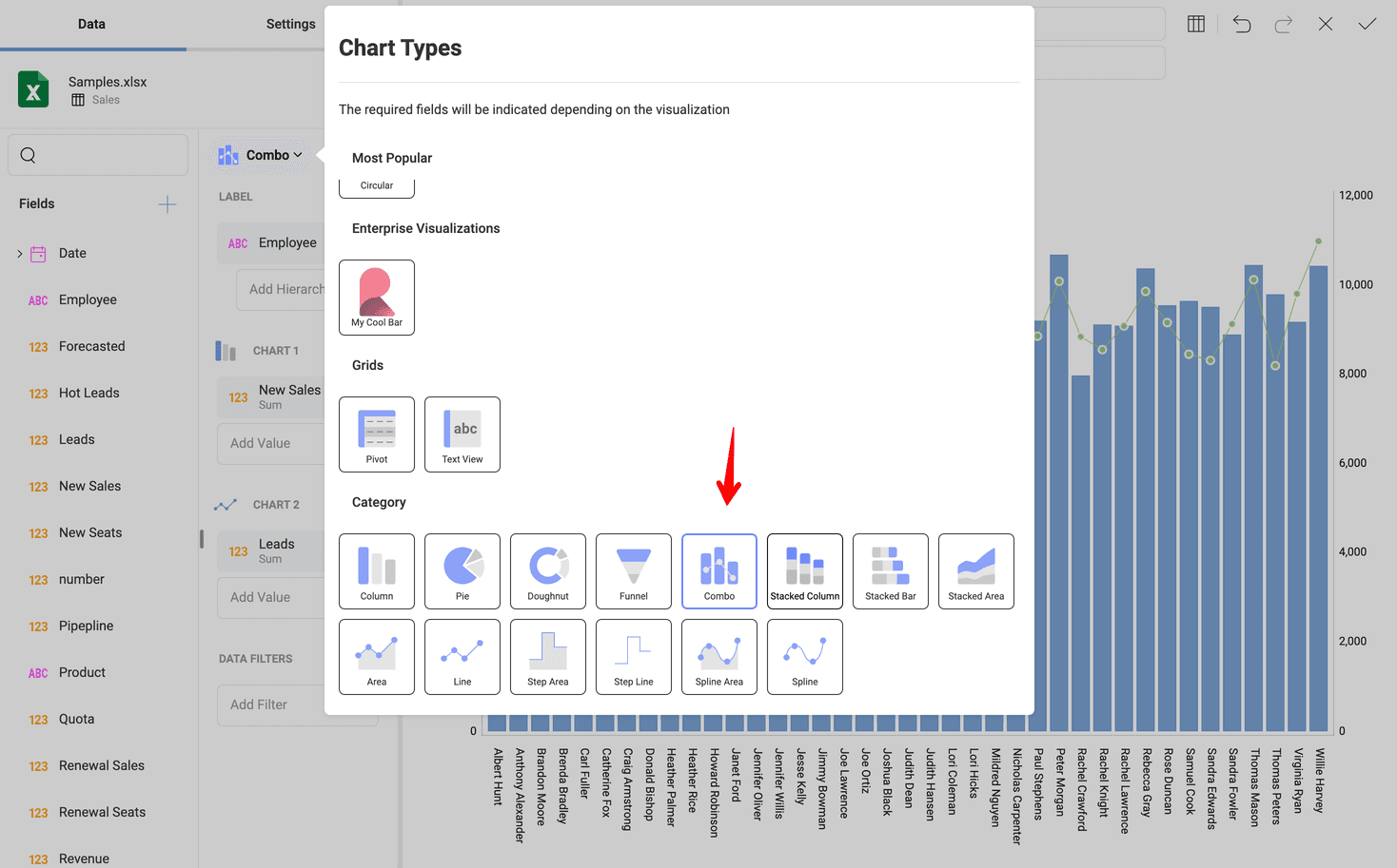 Selecting the Combo Chart visualization in Reveal