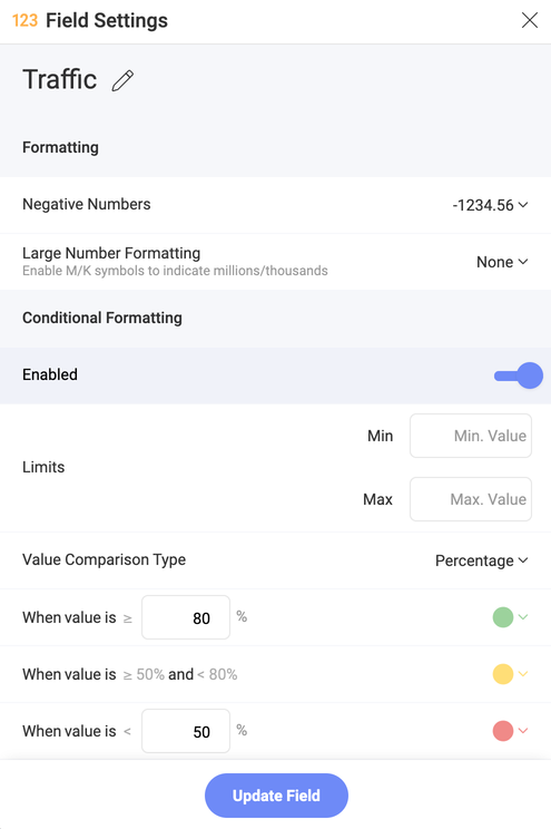 Conditional formatting configuration in Field settings menu