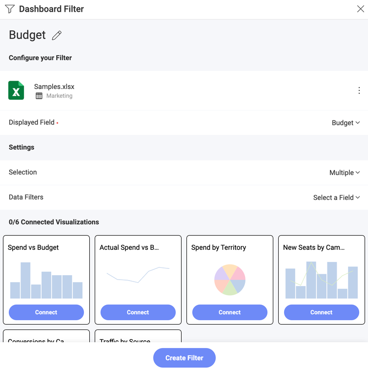 Dashboard Filter settings menu