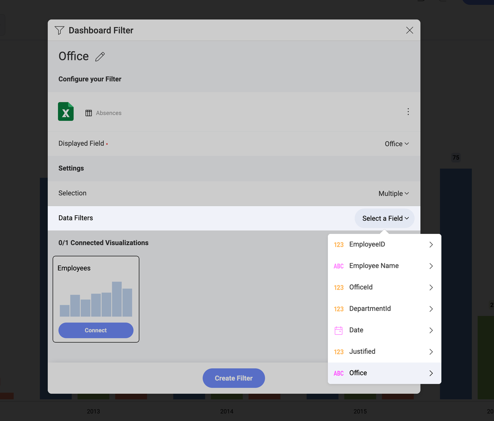 Selecting a field for a data filter in the dashboard filter settings menu