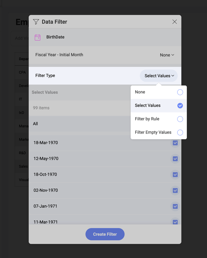 Select Values option in the list of filter types