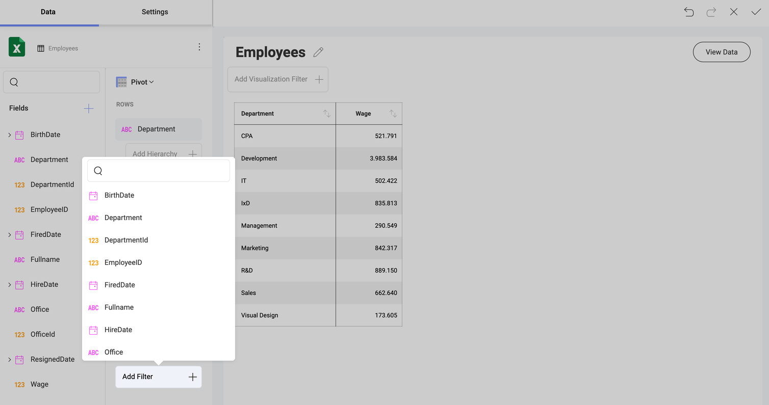 Adding data filter fields list