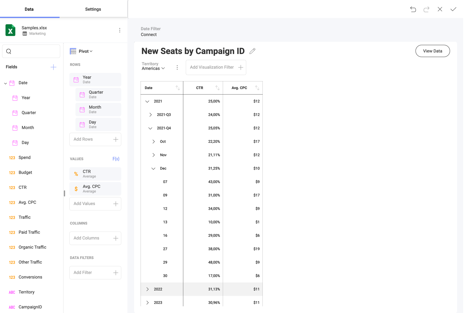 Showing the date field hierarchy functionality in Reveal