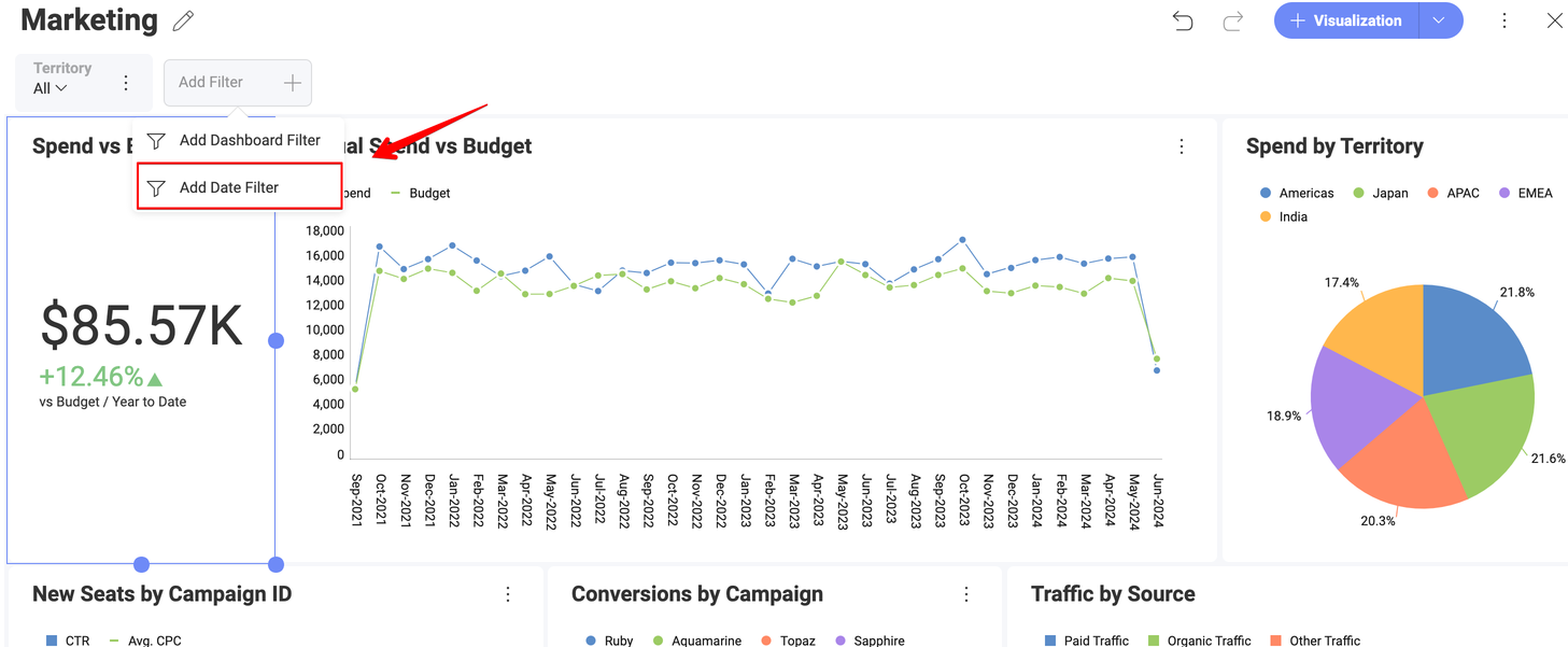 Date filter option in the filter dropdown menu for a visualization