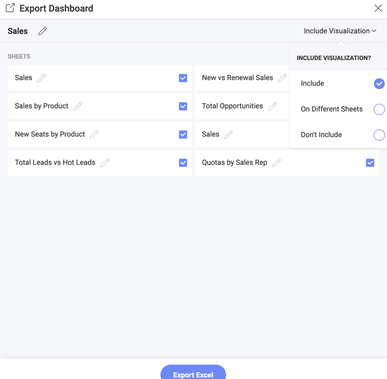 Settings for Excel spreadsheet in the Export Dashboard menu