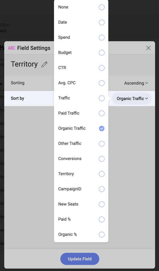 Sorting options in the field settings dialog