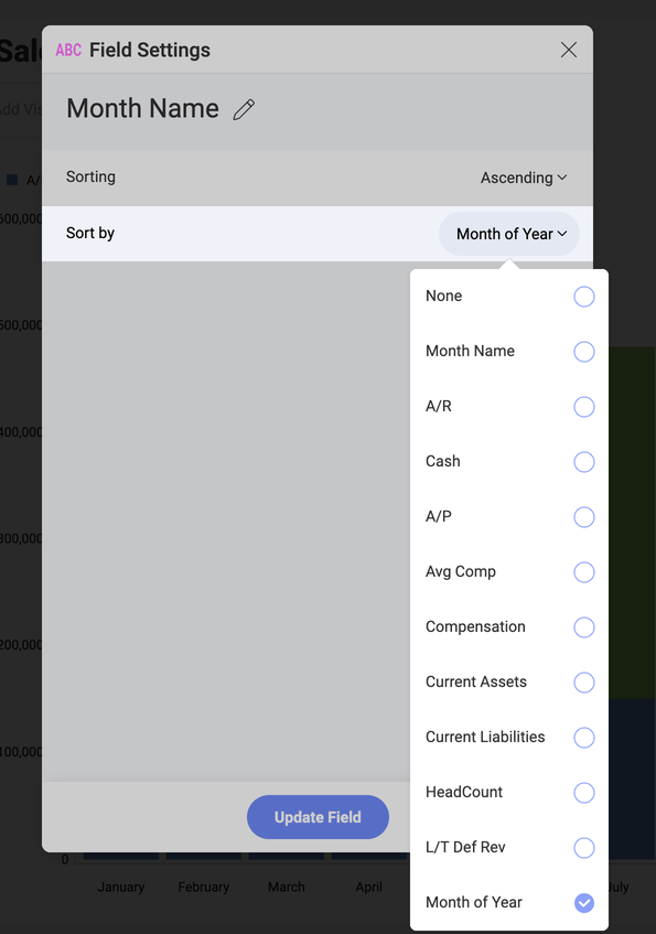 Sort by option with a list of different fields in the field settings dialog