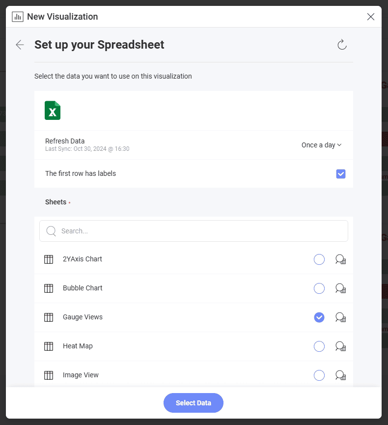 Selecting Gauge Views spreadsheet