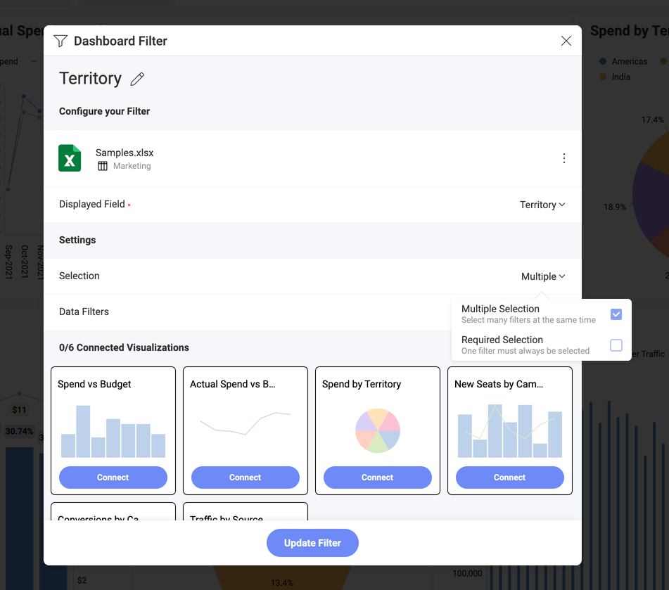 Enabling dashboard filters multiple selections