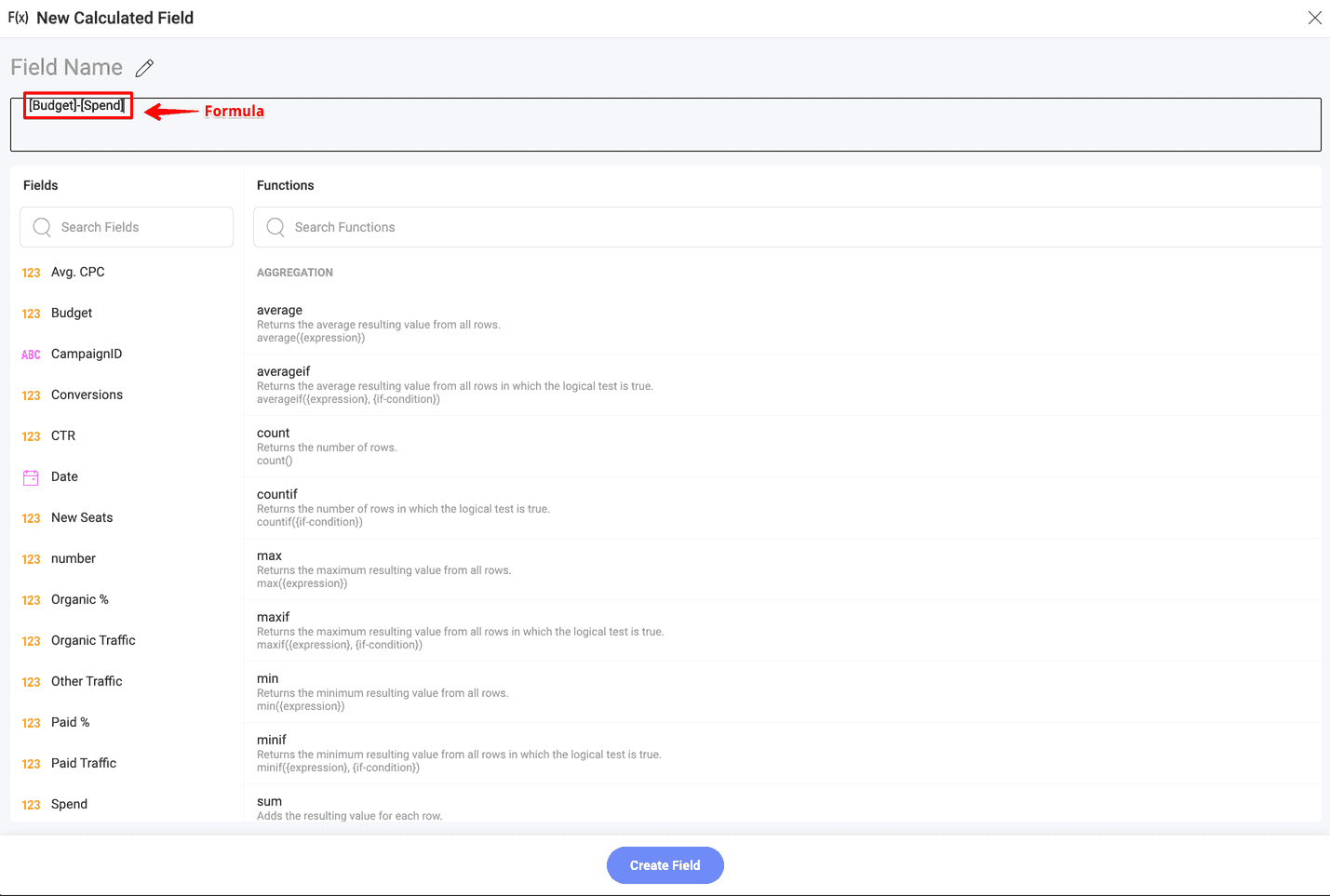 New calculated field dialog