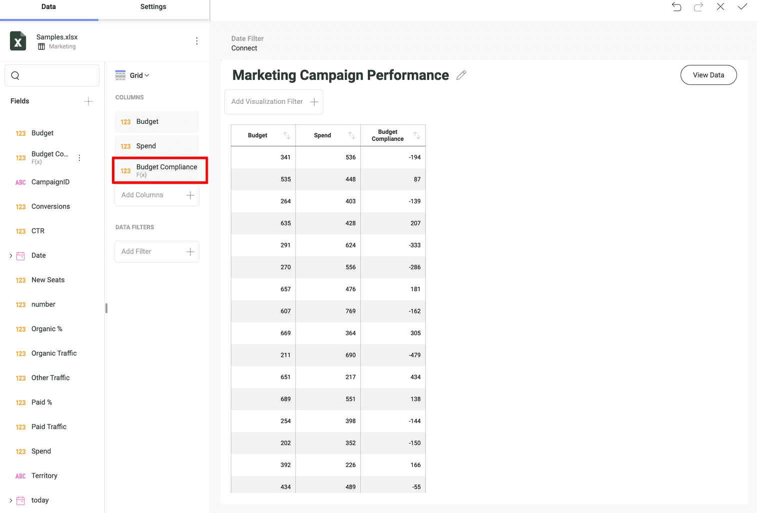 New calculated field shown in the column placeholder and in the visualization