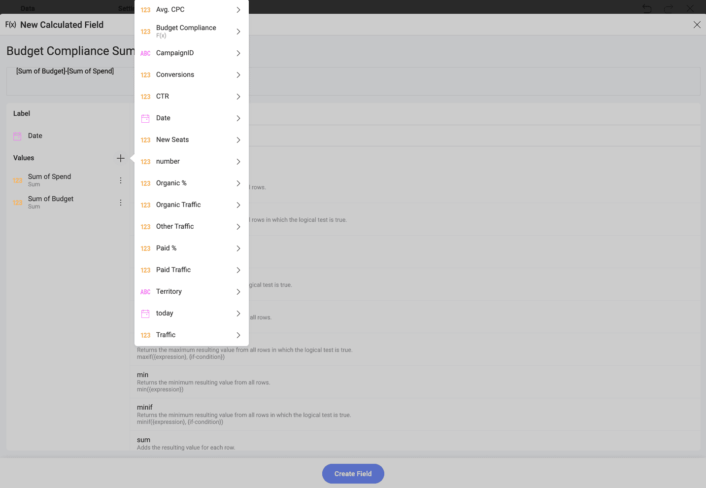 Adding fields in the calculated field screen