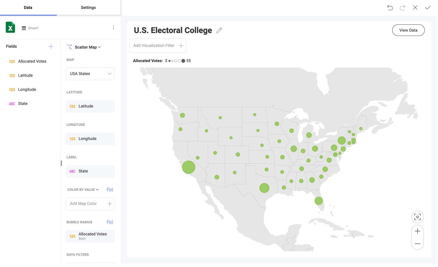 A bubble map showing the electoral college votes distribution across US states