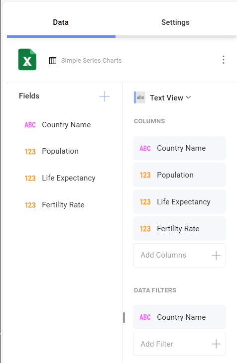 Selecting an example for data filter for the text view