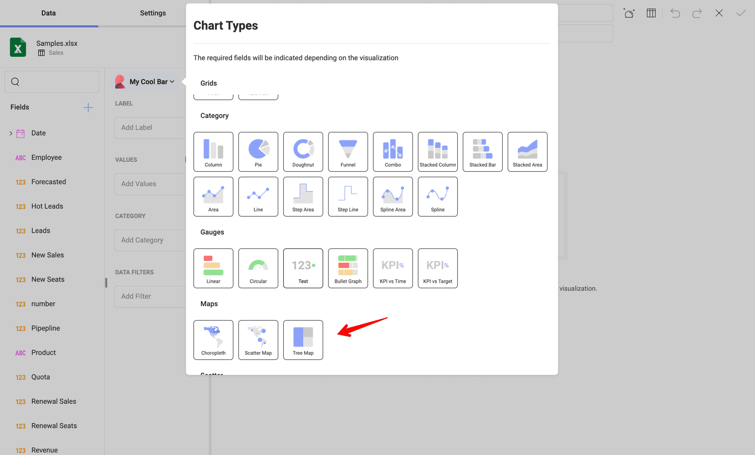 Treemap visualization in the Change Visualization dialog